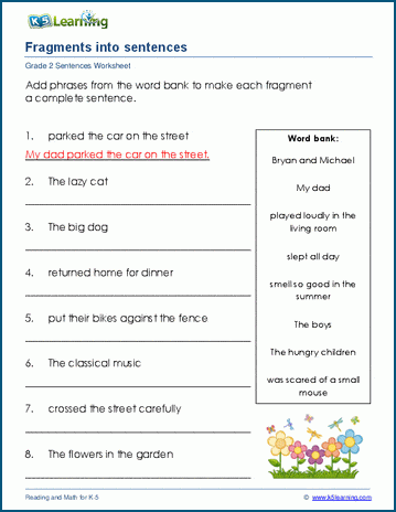 Turn fragments into full sentences worksheets | K5 Learning