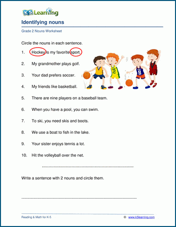 worksheet english m.4 sentences  K5 Identifying in worksheets nouns multiple