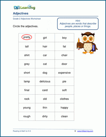 identifying adjectives worksheets for grade 2 k5 learning