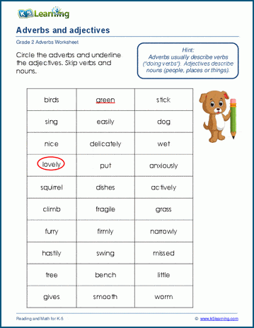 Adverbs and adjectives worksheets K5 Learning
