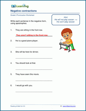 negative contractions worksheets k5 learning