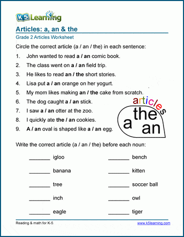 articles parts of speech worksheets