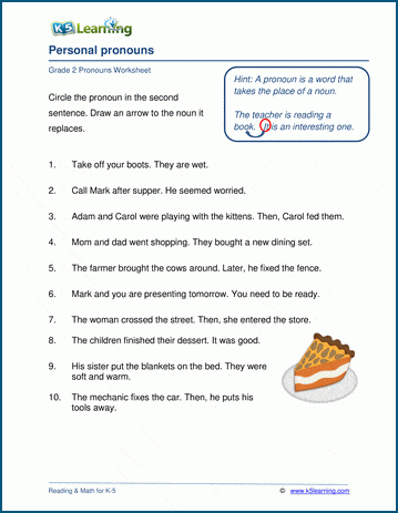 Personal pronouns worksheets for grade 2 students | K5 ...