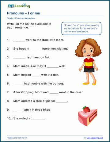 Pronoun Worksheets I Or Me K5 Learning