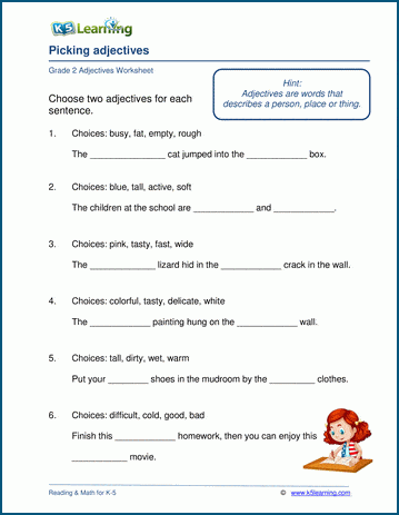 Selecting adjectives worksheets for grade 2 | K5 Learning