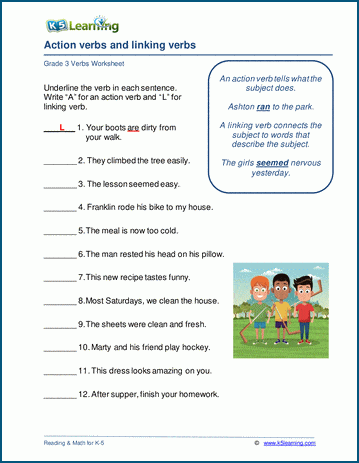 action verbs and linking verbs worksheet k5 learning