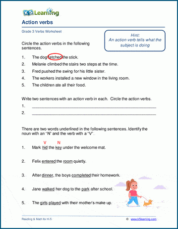 Action Verb Worksheets K5 Learning   Grade 3 Action Verbs A 