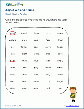 Adjectives and nouns worksheets for grade 3 | K5 Learning