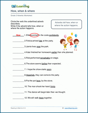 adverb worksheets on how when and where k5 learning