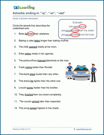 Grade 3 grammar worksheet on comparative adverbs