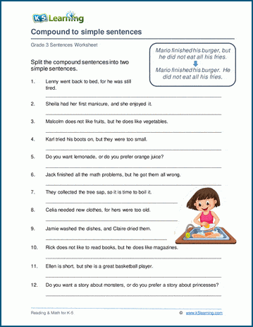 Grammar worksheet on breaking compound sentences into simple sentences