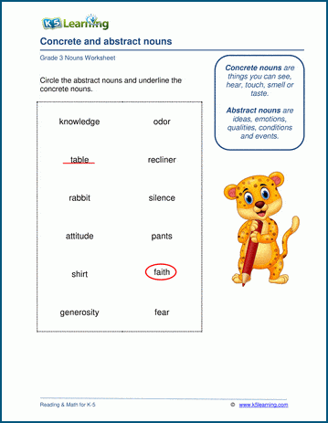 abstract nouns worksheet k5 learning using concrete and