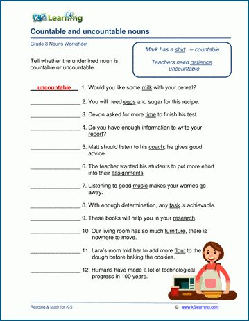 countable nouns worksheets k5 learning