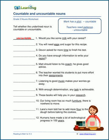 Countable Nouns Worksheets K5 Learning