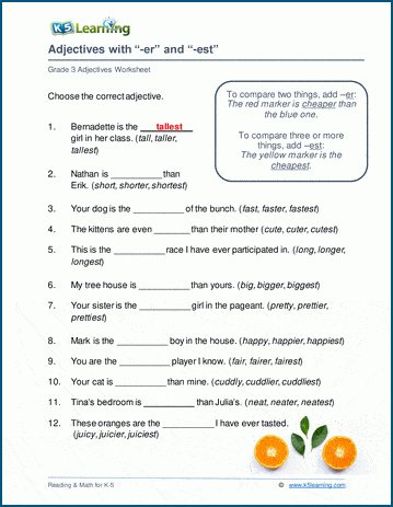 Adjectives ending with er and est worksheets K5 Learning