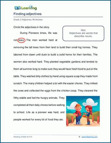 find adjectives in texts worksheets k5 learning