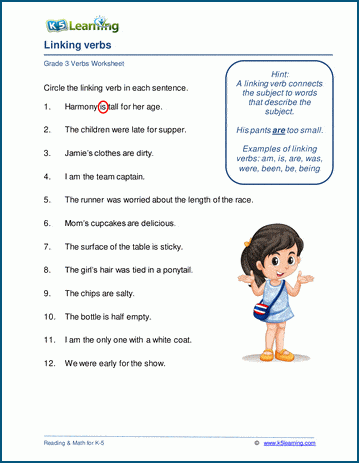 Linking verbs list worksheets