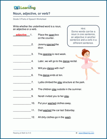 Noun, adjective and verb worksheets | K5 Learning