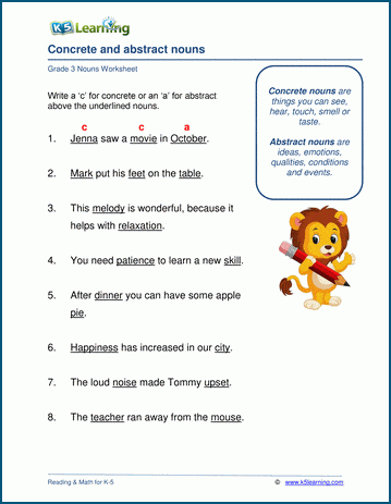 Abstract Nouns Worksheet Grade 6