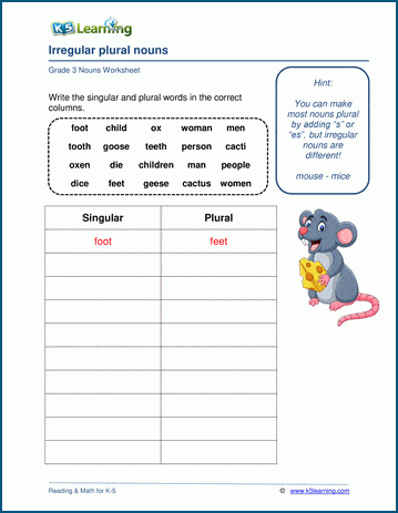 Irregular Plural Nouns Worksheets