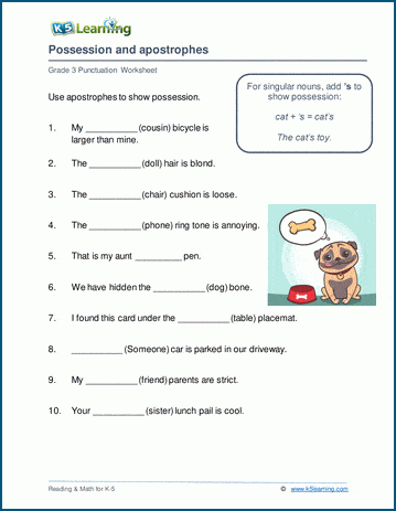 possession and apostrophes worksheets k5 learning