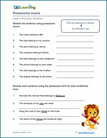 possessive nouns apostrophes worksheets k5 learning