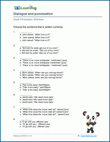 punctuating dialogue worksheets k5 learning