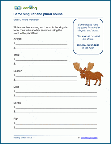 nouns with same singular and plural form worksheets k5 learning