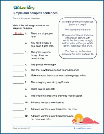 Simple and complex sentences worksheets | K5 Learning