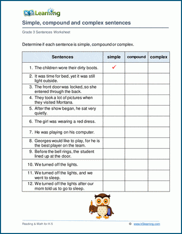 Simple Compound Or Complex Sentence Worksheets K5 Learning