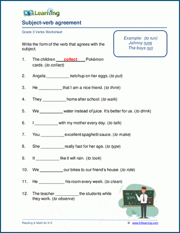 Grade 3 grammar worksheet on subject and verb agreement