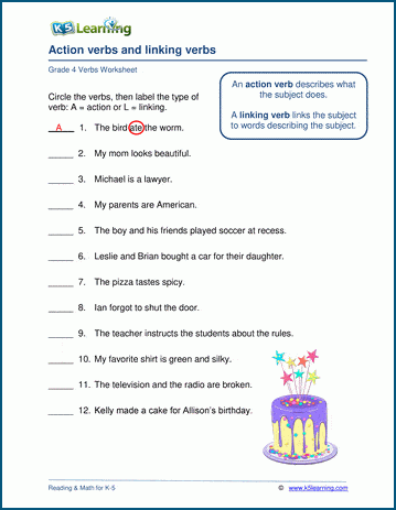 Action Linking Verbs Worksheets K5 Learning