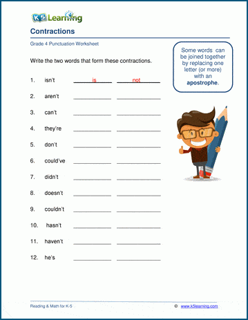 Contractions worksheets K5 Learning