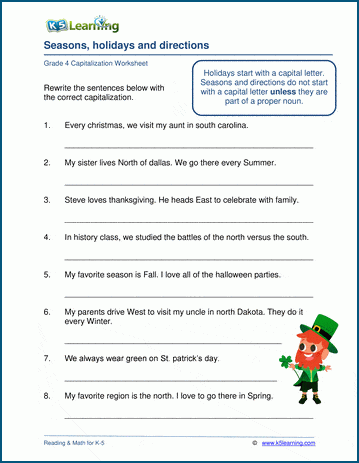 Seasons, holidays and directions capitalization worksheets | K5 Learning