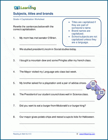 subjects titles brands capitalization worksheets k5 learning