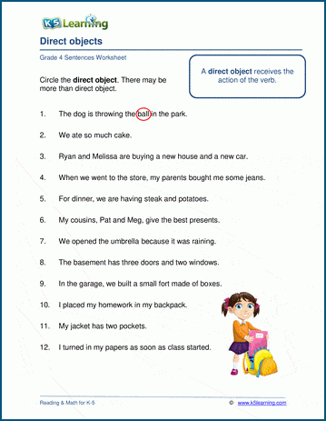 Direct objects in sentences worksheets