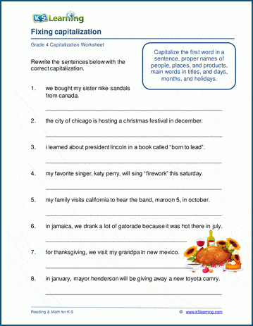 Capitalization Worksheets For Grade 1 Worksheets For Kindergarten