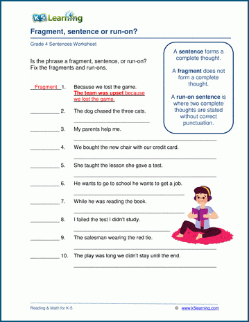 sentence fragment and run on sentences worksheet