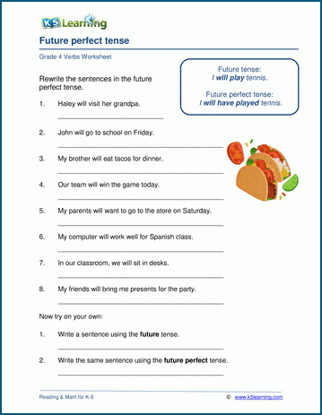 Grade 4 grammar worksheet on the future perfect tense