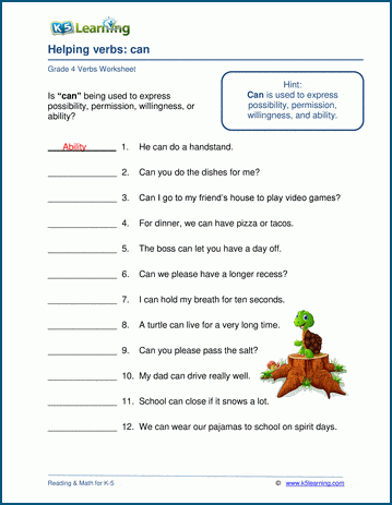 Grade 4 grammar worksheet on the helping verbs can and could