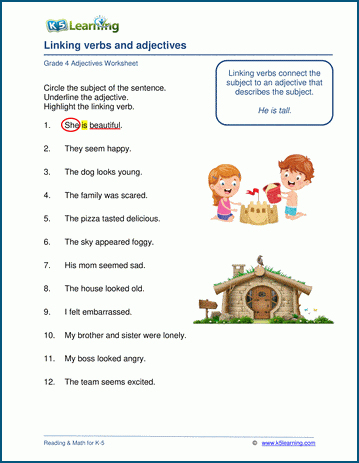 linking verbs and adjectives worksheets k5 learning