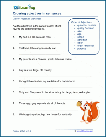 Order of adjectives in sentences worksheets | K5 Learning