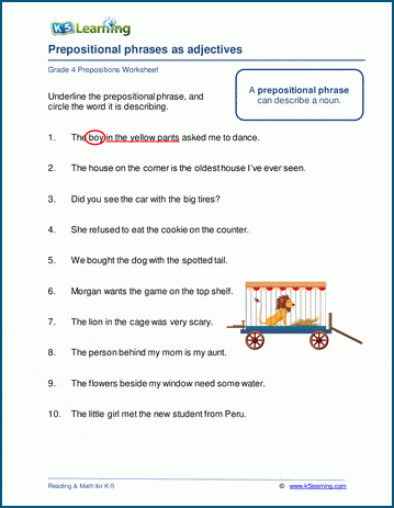 Prepositional phrases as adjectives worksheets K5 Learning