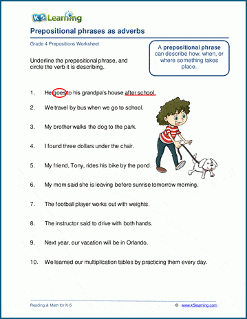 Prepositional phrases as adverbs worksheets | K5 Learning