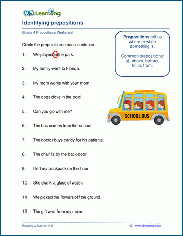 Prepositions worksheet for grade 4