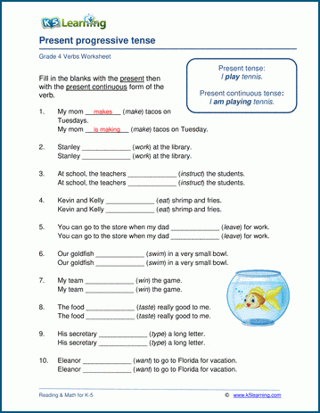 Present progressive tense worksheets K5 Learning