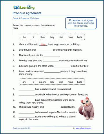 Pronoun agreement worksheets | K5 Learning