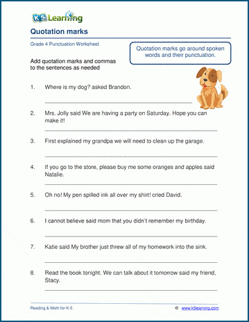 Grammar worksheet on quotation marks for grade 4.