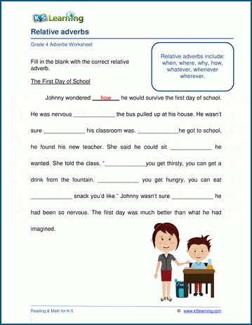 Relative adverbs worksheets | K5 Learning