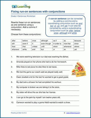 run on sentences conjunctions k5 learning